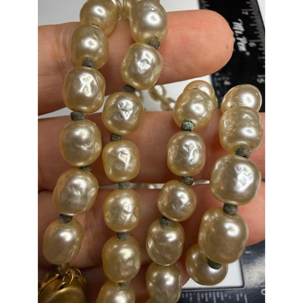 Miriam Haskell Baroque Faux Pearl Necklace Hand Knotted Gold Tone Clasp 30 Inch